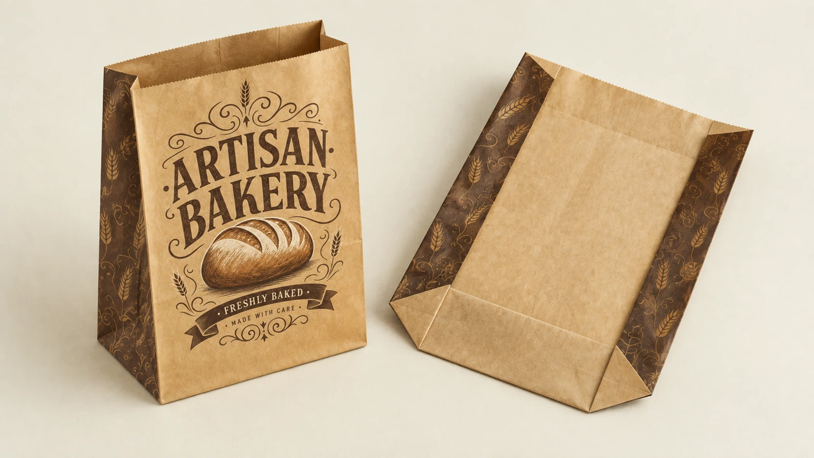 ベーカリー紙袋の正面と背面 側面に柄のある茶色の ARTISAN BAKERY 紙袋の正面と背面