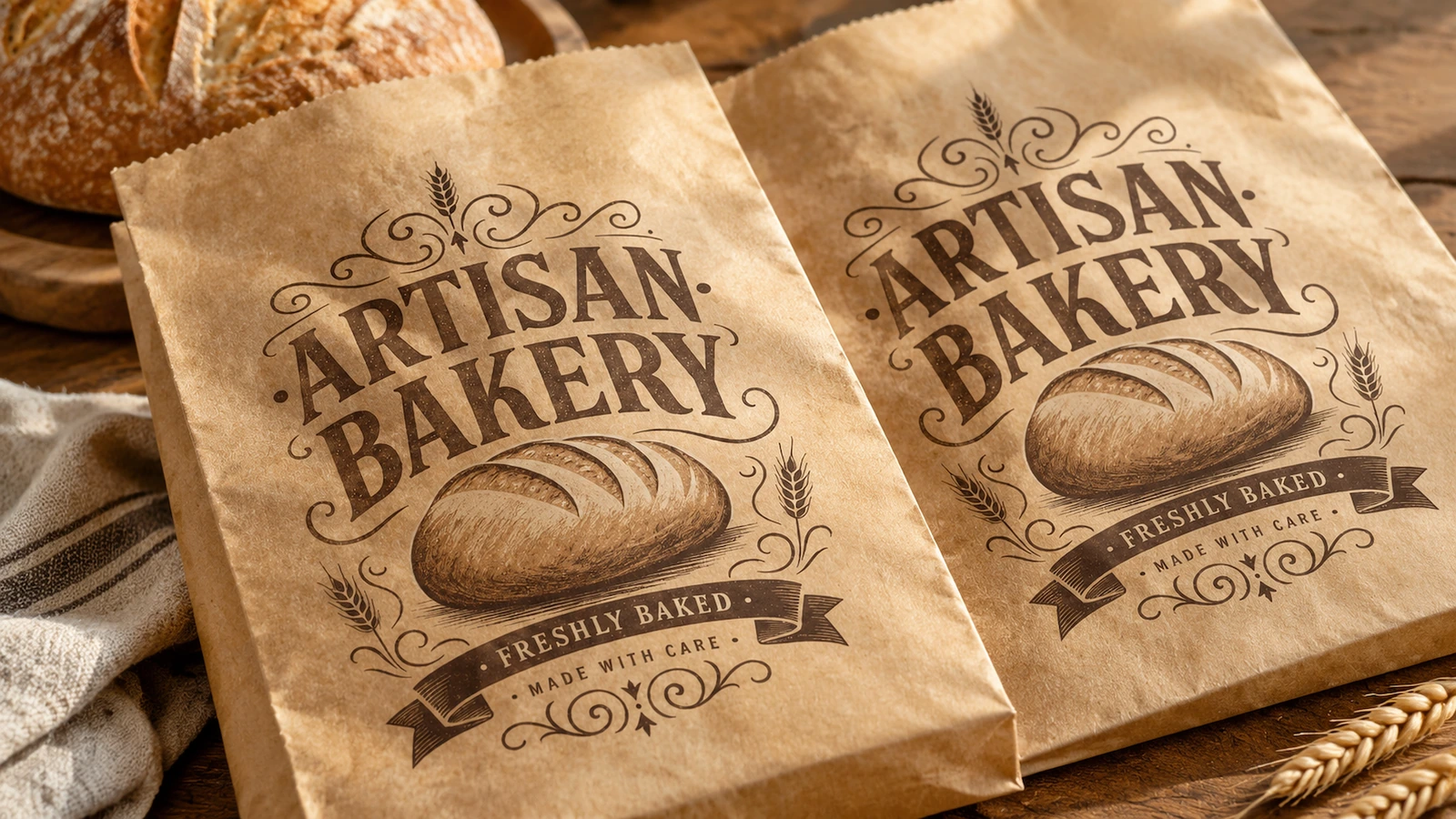 パンの横に置かれたベーカリーバッグ パンと小麦のそばに置かれた茶色の ARTISAN BAKERY の袋つ