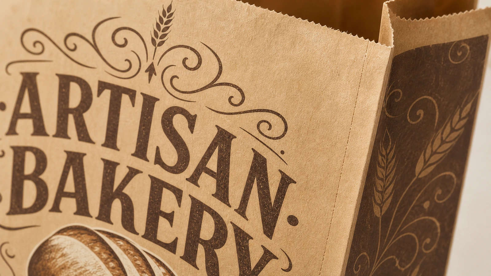 ベーカリーバッグの印刷と開口部の詳細 ARTISAN BAKERY の印刷と、ギザギザ加工された袋の開口部のクローズアップ