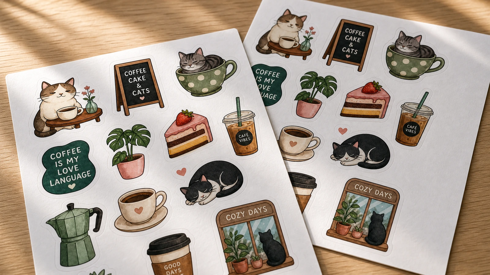 日差しの中の猫とコーヒーのステッカーシート 日差しの中で重なり合う二枚の猫とコーヒーをテーマにしたステッカーシート