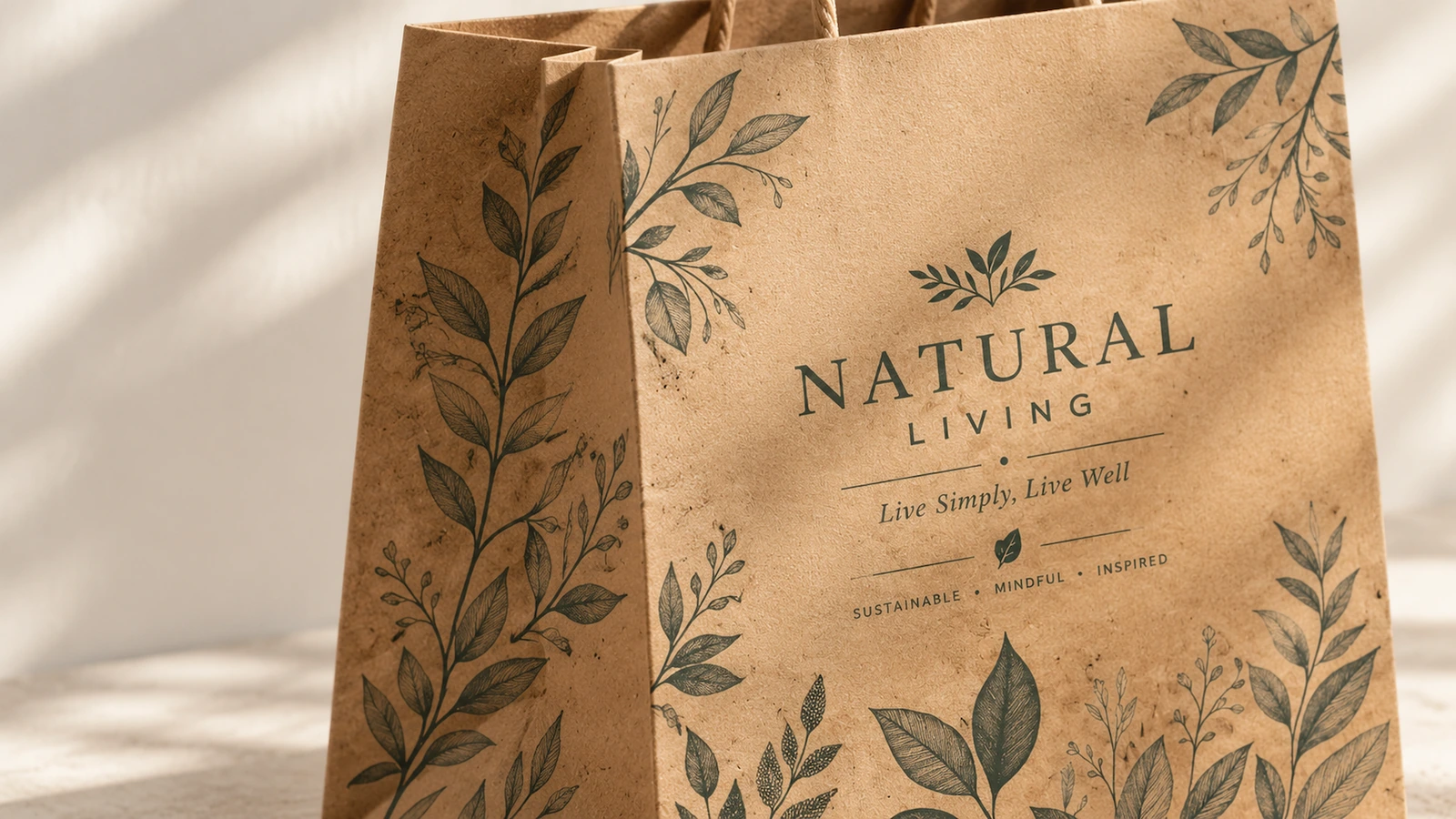 葉の柄とNATURAL LIVINGの文字が印刷された茶色い紙袋のクローズアップ