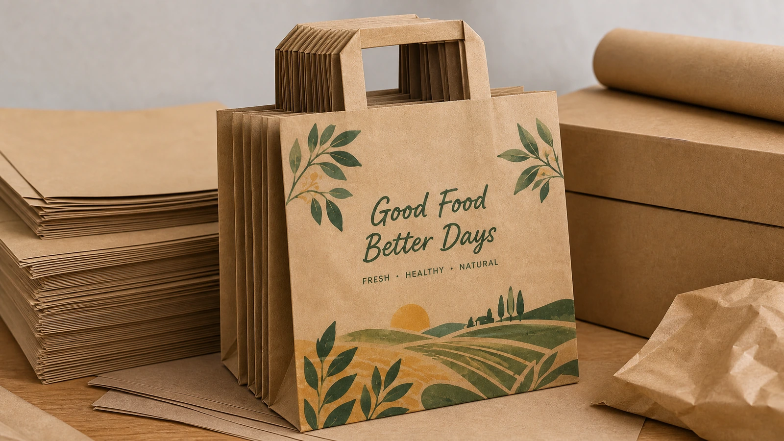 Good Food Better Daysのグラフィックが入った、平らな持ち手付きの茶色い紙袋と梱包箱