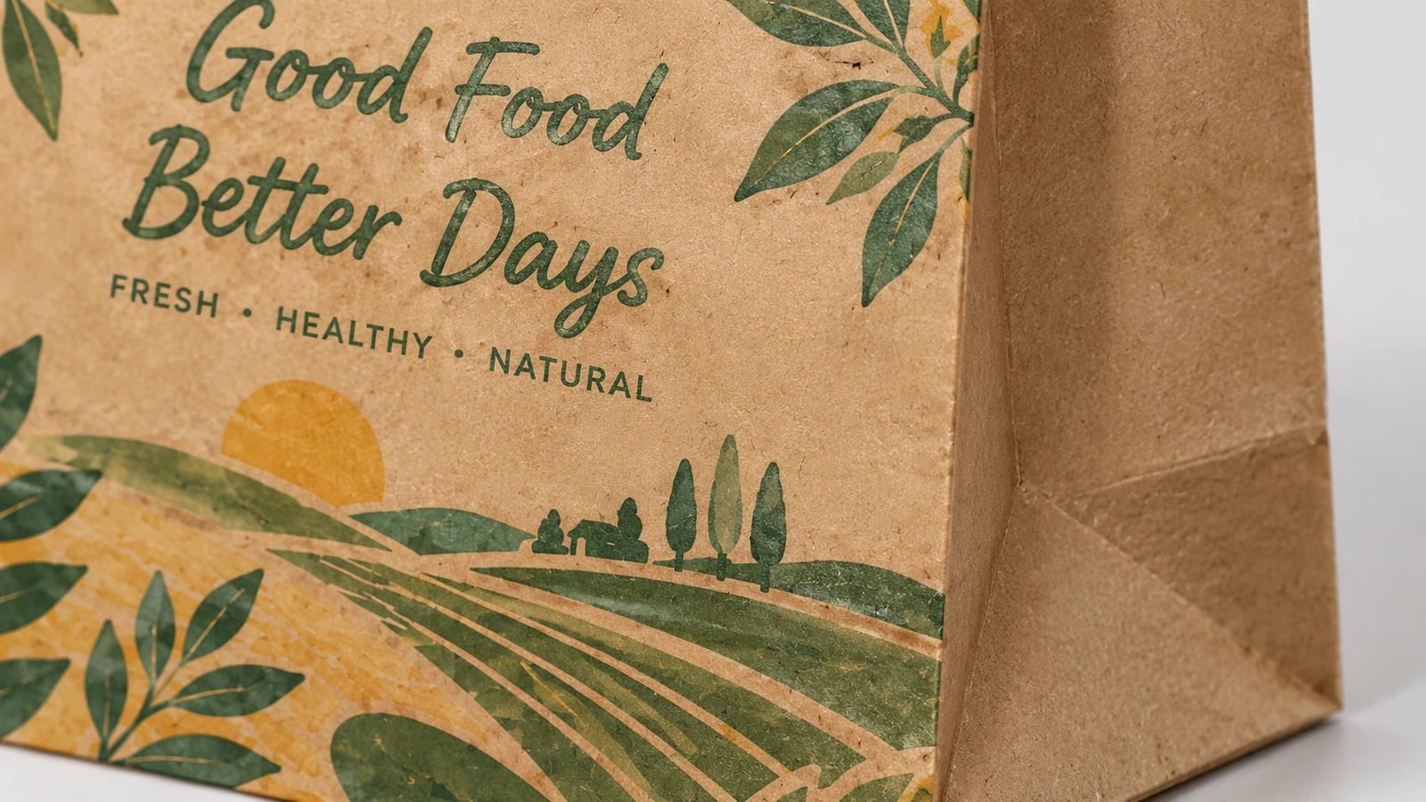 茶色紙に印刷された Good Food Better Days の文字と田園風景のグラフィックのクローズアップ