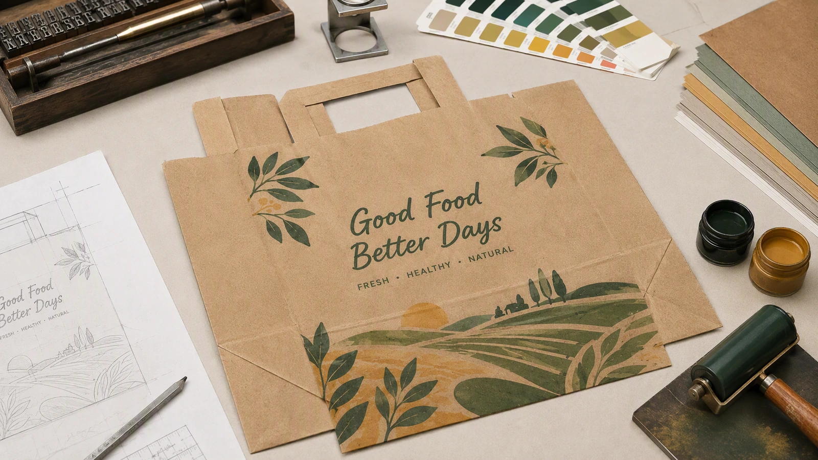 Good Food Better Days のデザインを施した平らな茶色紙袋と、図面、インク、カラーサンプル