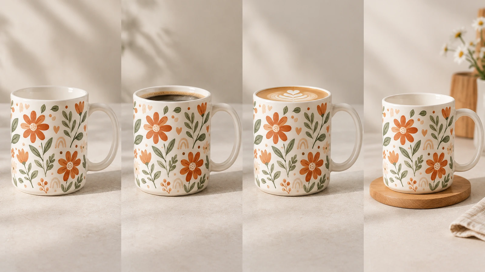 濃いコーヒーと泡立つ飲み物を含む、花柄マグを並べて写した4面の画像