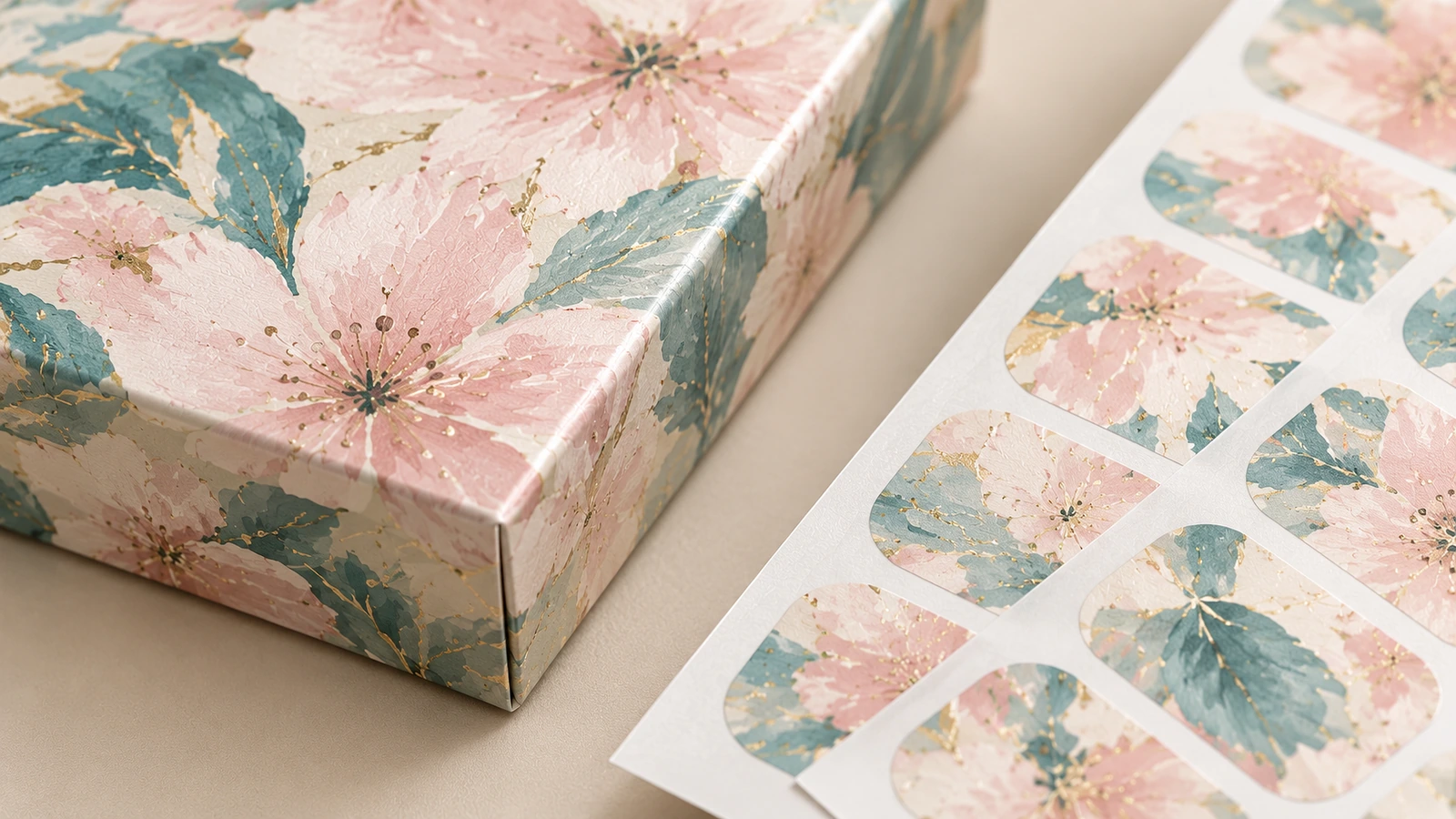花柄ラップとパッケージの印刷ディテール お揃いの印刷箱の角の横に置かれた花柄ネイルラップシートのクローズアップ