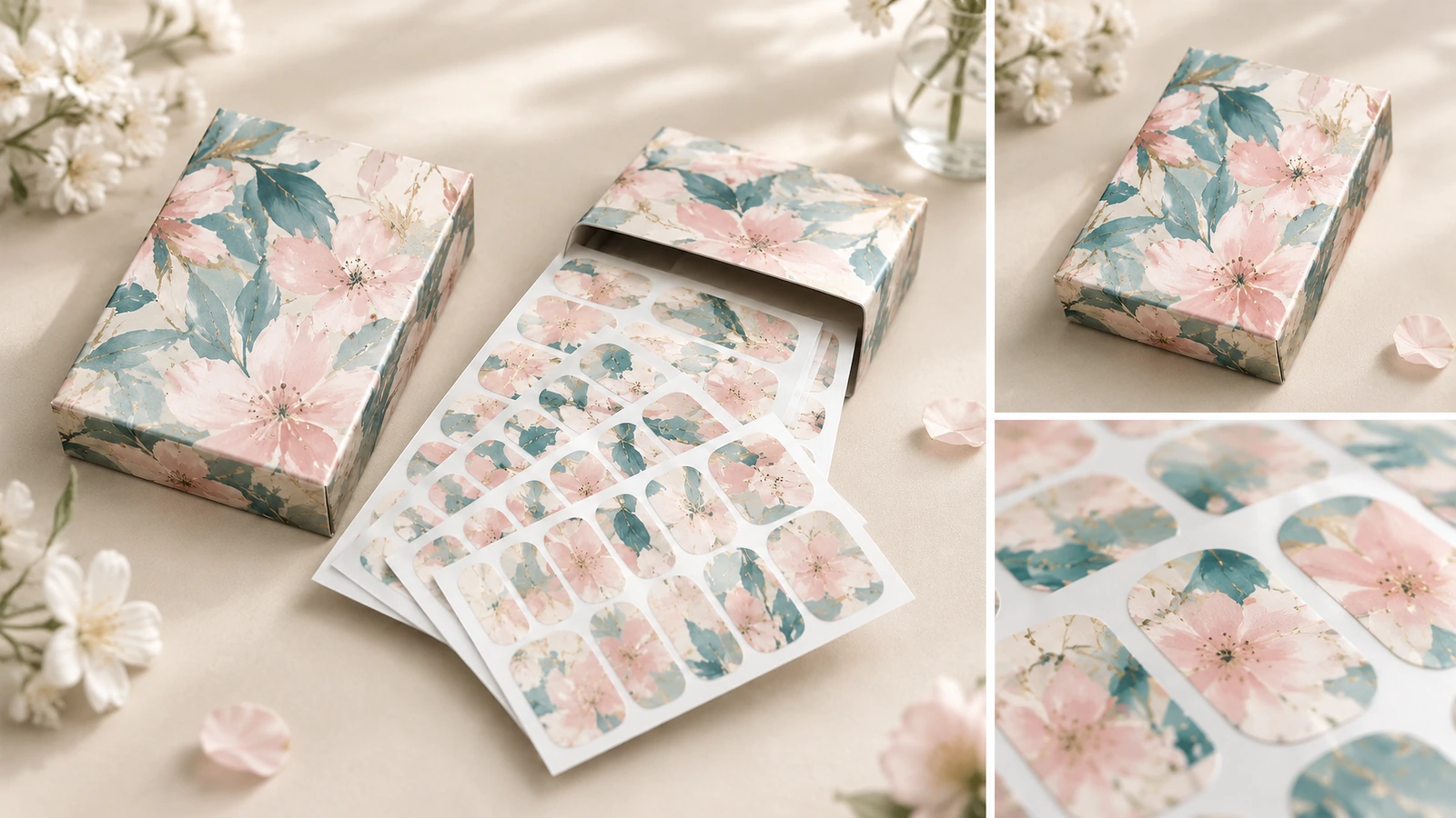 花柄ネイルラップ製品とパッケージのコラージュ 花柄ネイルラップシート、閉じた印刷箱、ラップのクローズアップ詳細のコラージュ