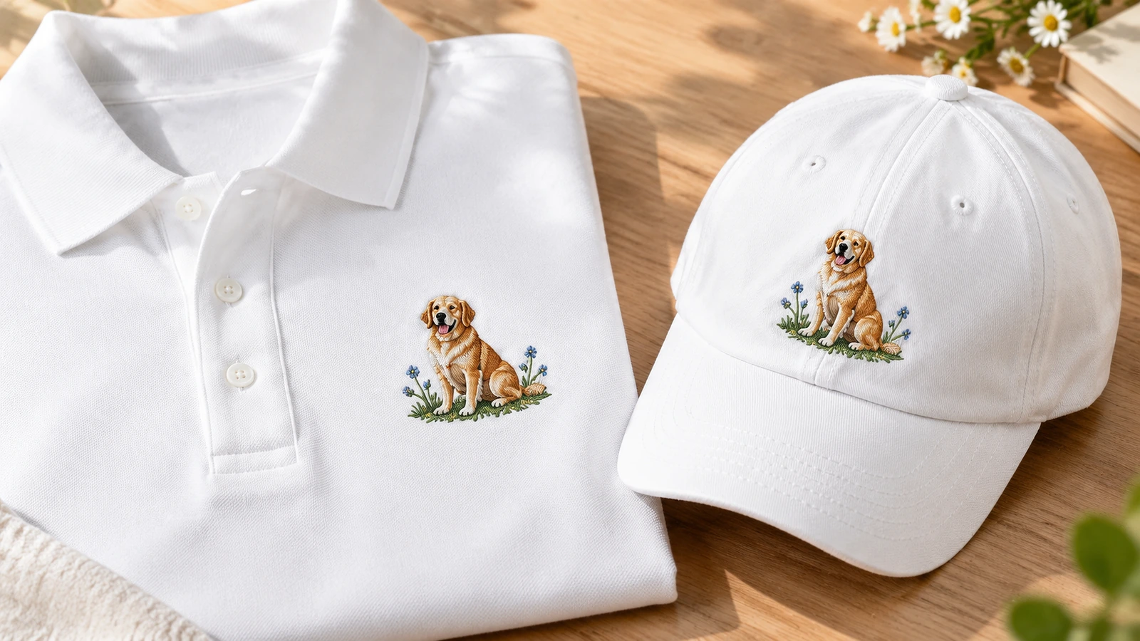 刺繍入りポロシャツとキャップのセット 木製のテーブルに置かれた、畳んだ白いポロシャツと、犬の刺繍入りの同じ白いキャップ