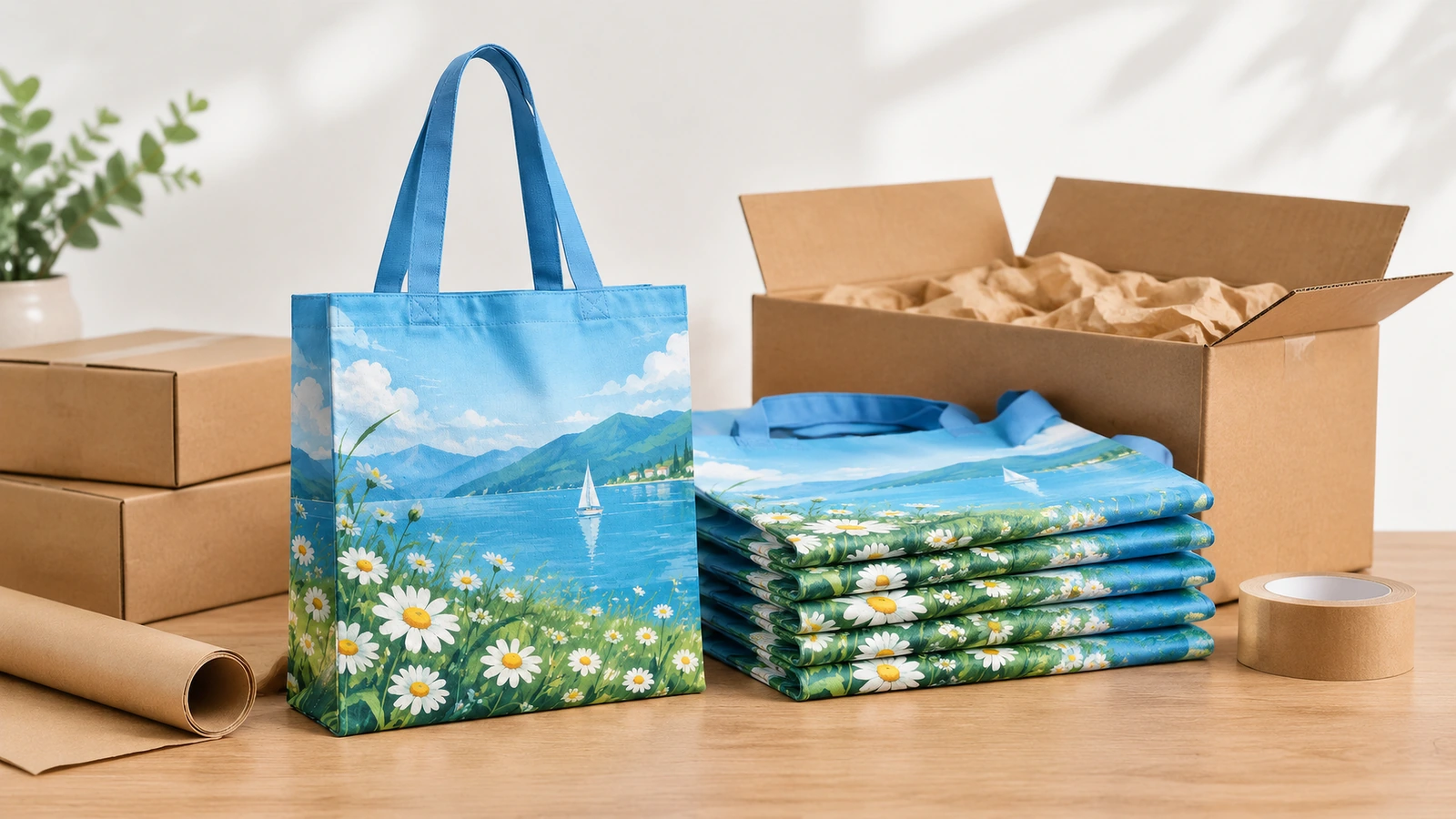 段ボールの梱包箱の横に置かれた、プリント入り青いトートバッグと積み重ねた折りたたみバッグ