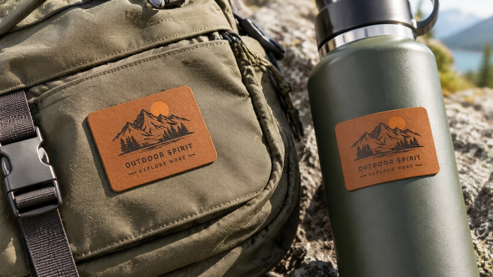 緑のバックパックと緑のボトルに貼られた、茶色の山ロゴ入りPUレザーラベル