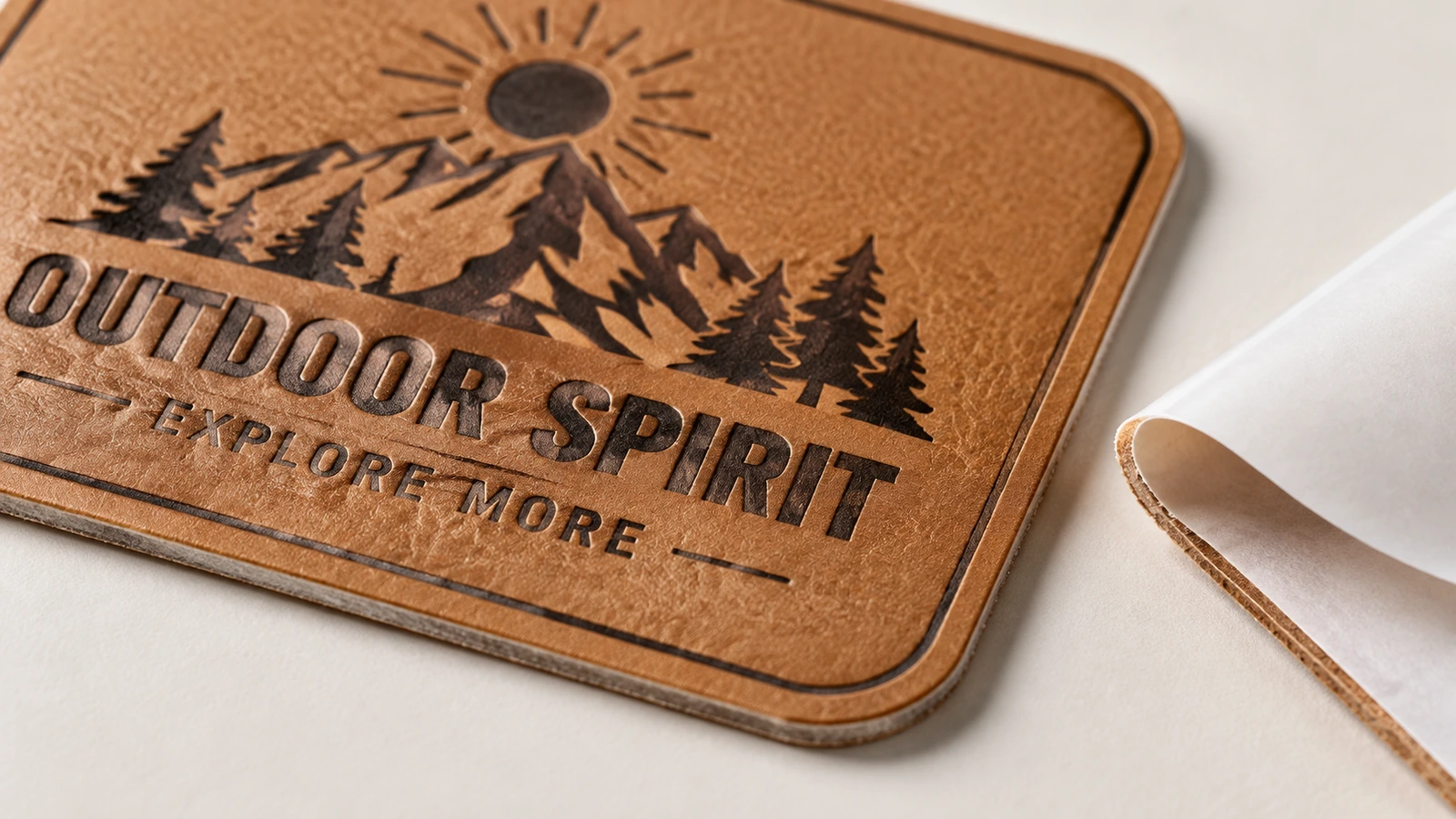 Outdoor Spiritの山ロゴ入りの、シボのある茶色のPUレザーラベルのクローズアップ