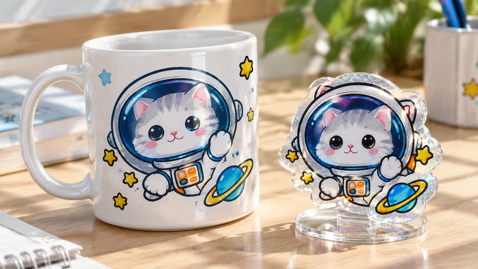 白いマグカップに描かれたアストロノート・キャットのデザインと、透明なスタンドに飾られた同じデザインのカットアウト