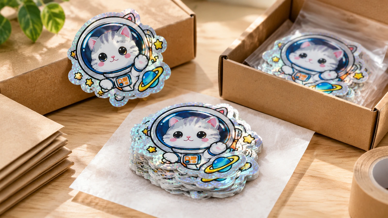 クラフト紙の包装の横に並べられたアストロノート・キャットのステッカー。ティッシュの上に積まれたステッカーと、開いた箱に包まれたステッカー