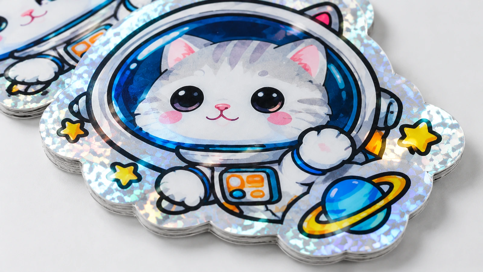 光沢のある柄の縁、星、青い環のある惑星が描かれた、重ねられたアストロノート・キャットのステッカーのクローズアップ