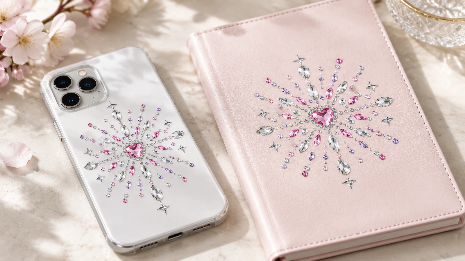 スマートフォンケースとノートに貼られたラインストーンモチーフ 透明なスマートフォンケースとピンクのノートを飾る、対になるピンク色のハート型中央ラインストーンモチーフ