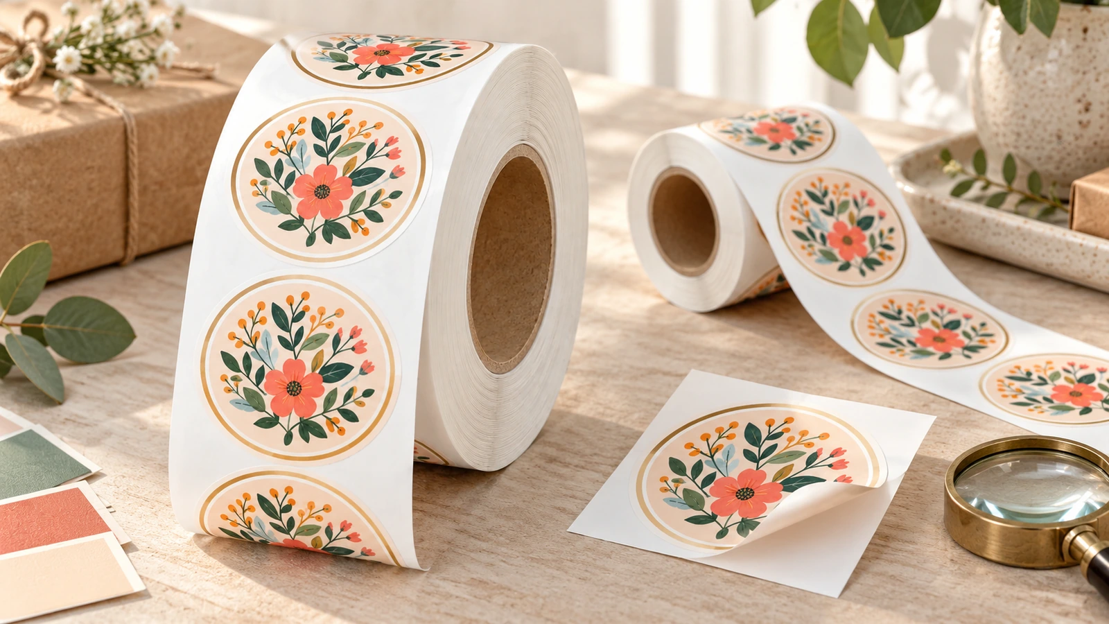 木製のテーブルの上の花柄ラベルのロールとばら売りのラベル見本。カラーチップと拡大鏡も置かれている