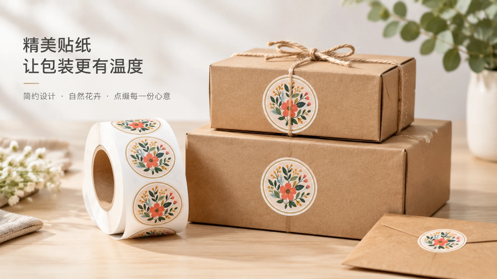 積み重ねたクラフトのギフトボックスと、同じラベルで飾られた封筒の横にある花柄ラベルのロール