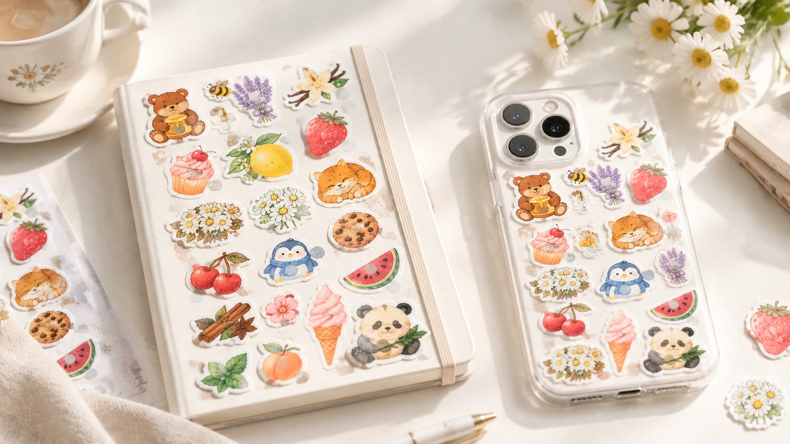 ノートと透明なスマートフォンケースに飾られた、果物・花・動物のステッカーデザインの組み合わせ