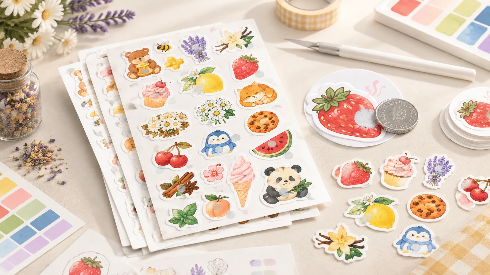 カラーの見本と描画ツールとともに並べた、イラスト入りステッカーシートと、果物・花・動物のばら売りステッカー