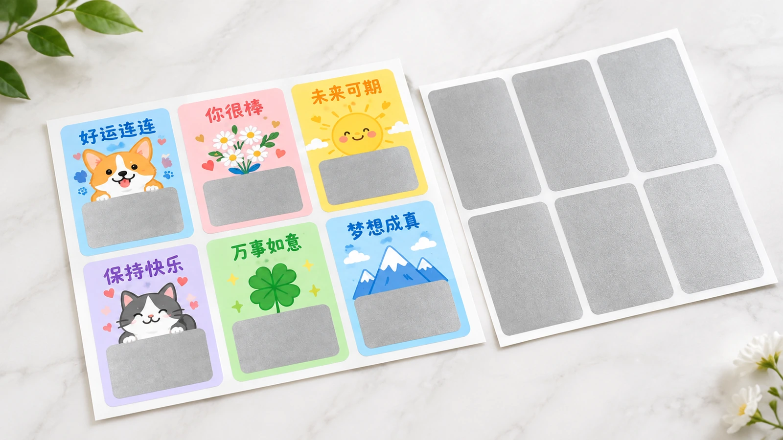 ご褒美カードと長方形のオーバーレイ・シート 中国語のメッセージが書かれたカラフルなご褒美カードのシートと、その横に置かれた長方形の銀色オーバーレイのシート