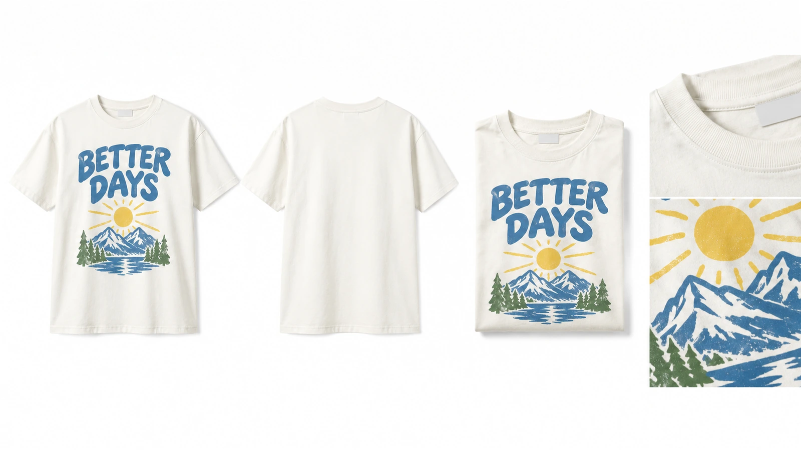 プリントTシャツの前面、無地の背面、折りたたんだシャツ、襟元のディテールのコラージュ