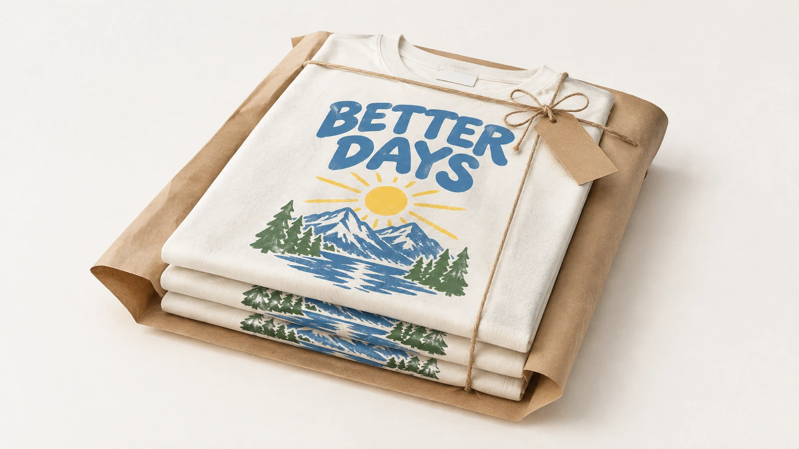 クラフト紙で包み、ひもで結んだ、折りたたまれたプリントTシャツ
