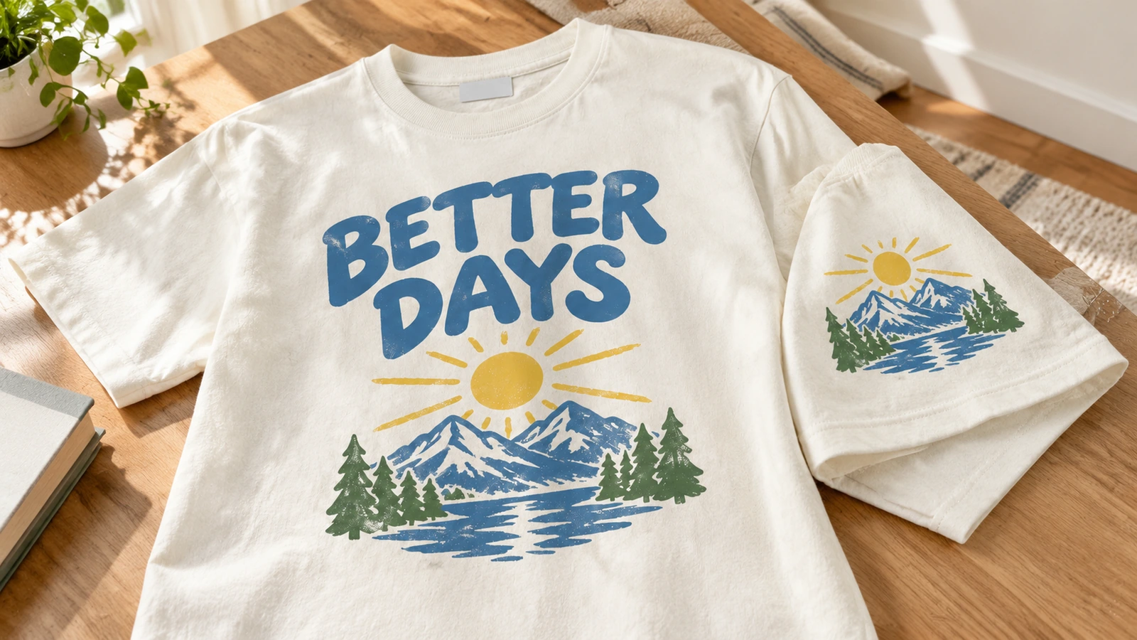 同じ山のグラフィックが入った、プリント済みのクリーム色のTシャツと折りたたんだシャツ