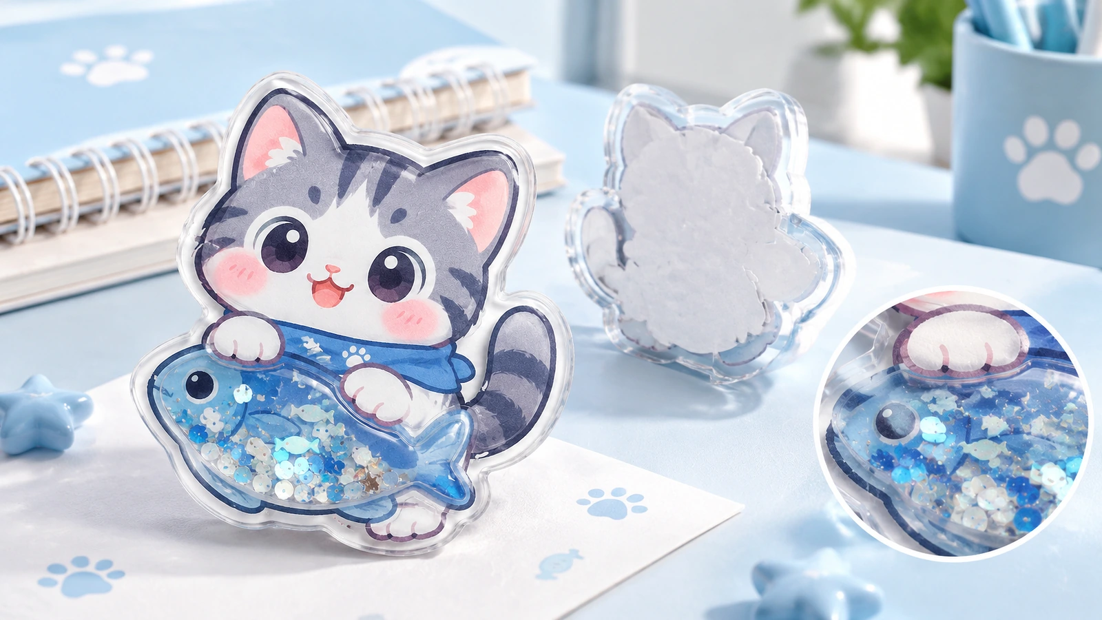 淡い青色の机の上で、青いスパンコールの円形のクローズアップを添えた、猫と魚のシェーカーステッカーの正面と裏面