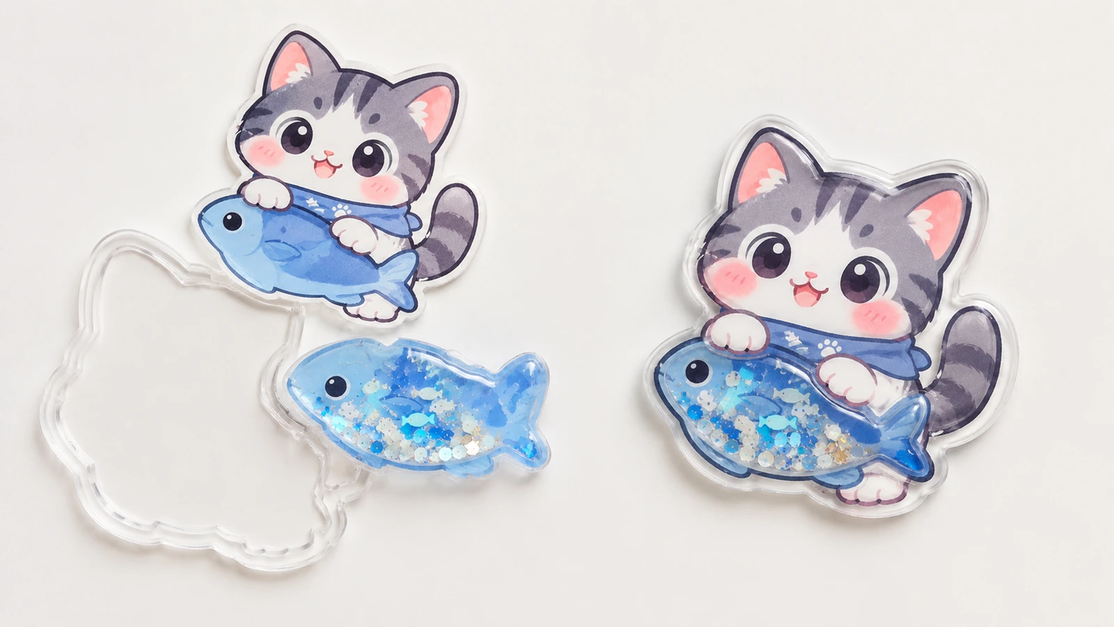 白い面の上に並べた、猫と魚の印刷済みパーツ、透明なブリスターシェル、青く満たされた魚の部分、組み立て済みのシェーカーステッカー