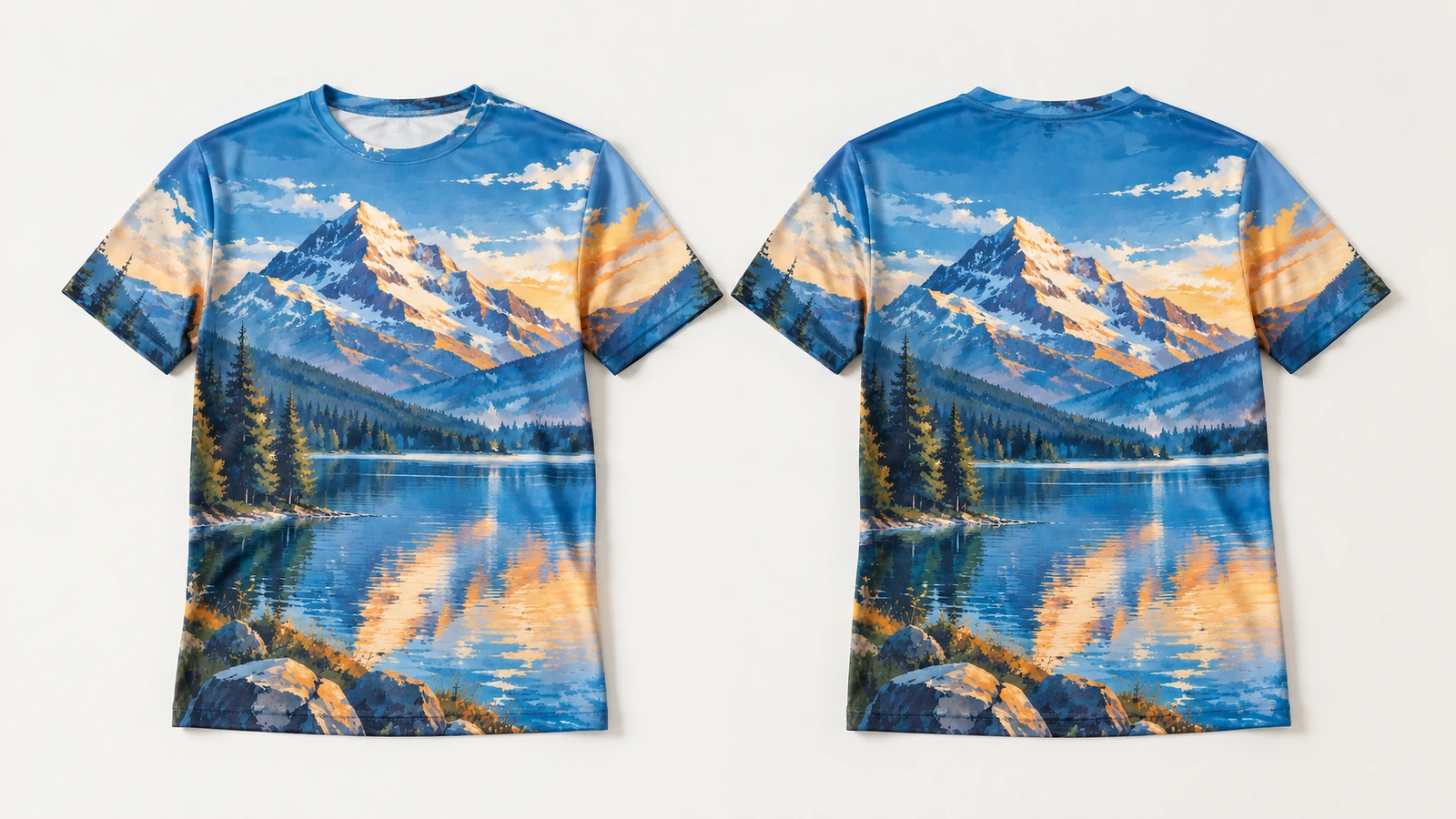 オールオーバープリントTシャツ 前面と背面 青い山と湖柄のオールオーバープリントTシャツの前面と背面