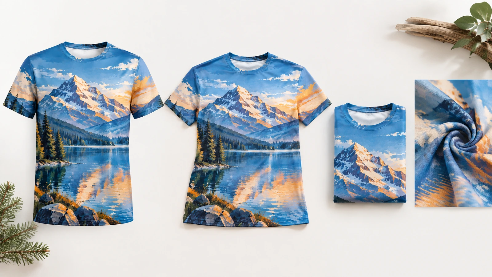 オールオーバープリントTシャツの展示コラージュ 並べて展示された二枚のプリントTシャツと、たたまれたシャツおよび生地のクローズアップ