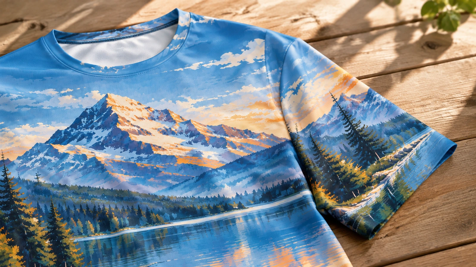 木製の台の上のプリントTシャツ 木製の台の上に置かれた、山と湖柄のプリントTシャツ