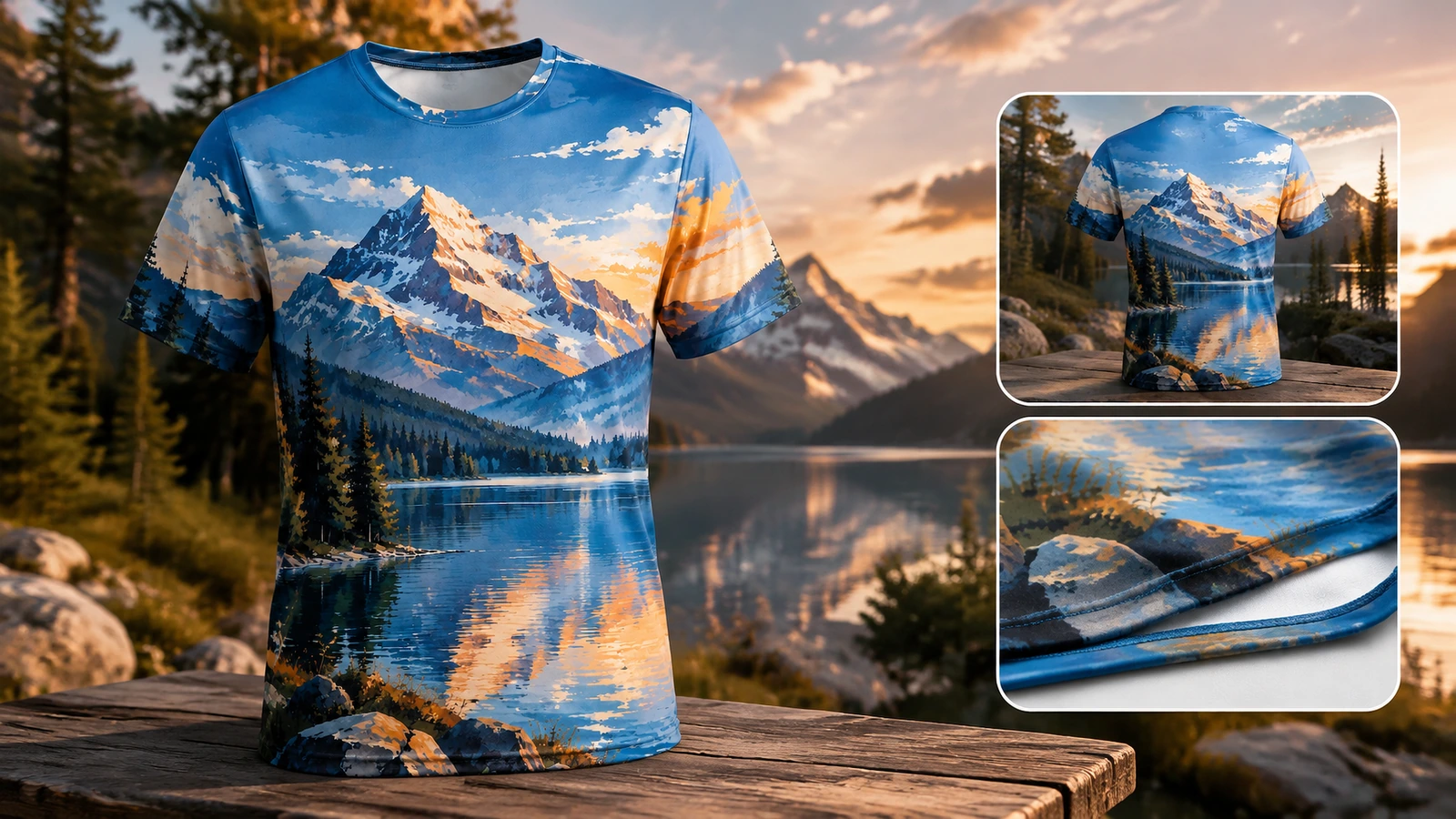 オールオーバープリントTシャツの屋外展示 屋外で、背面と裾のインセット写真付きの山柄プリントTシャツ