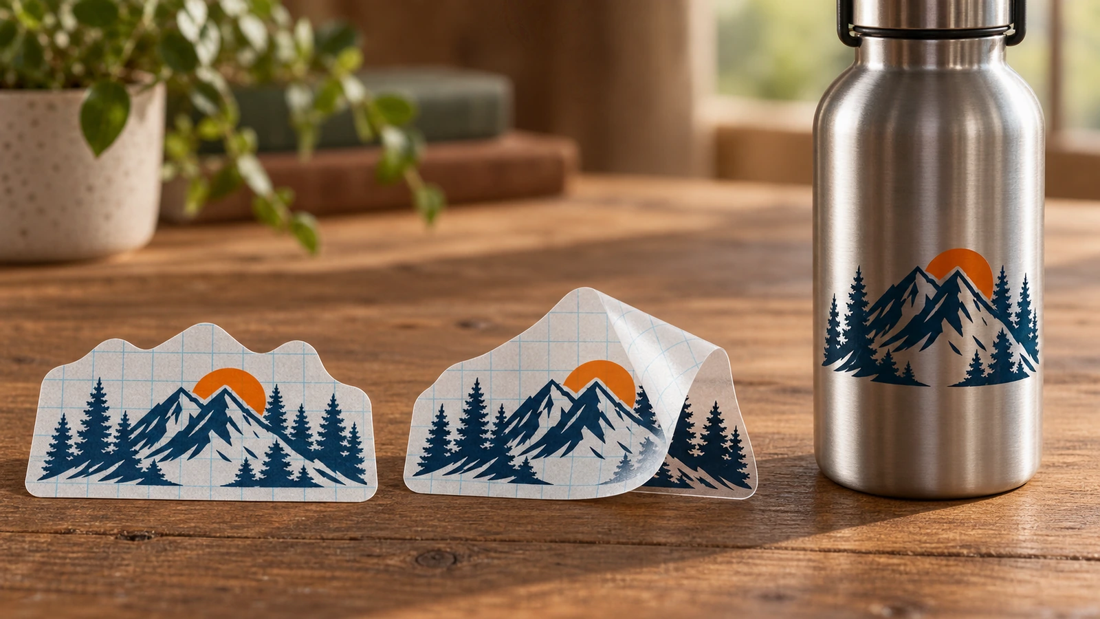 バッキングシート上の山のデカール、めくられたカバーの下のもの、金属製ボトルに貼られたもの