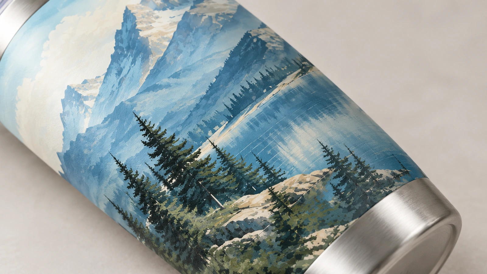 スチールカラーのベースを備えたタンブラーに描かれた、青い山と湖のアートワークのクローズアップ