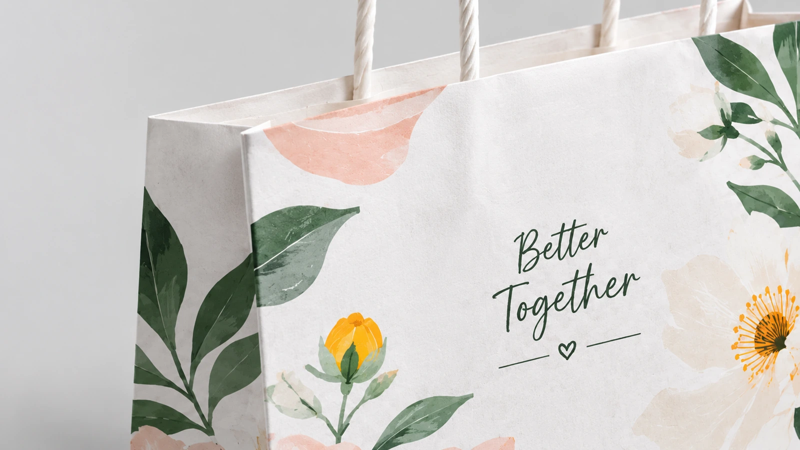 花柄の印刷、「Better Together」の文字、ねじり紙持ち手のクローズアップ